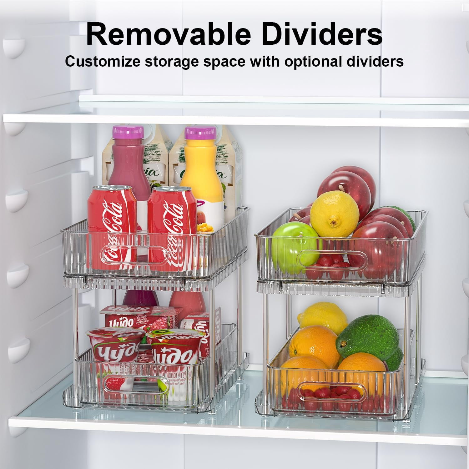 2-Tier Clear Bathroom Under Sink Organizers and Storage, 2 Sets of Pull Out Bathroom Medicine Cabinet Organizer,Multi-Purpose Kitchen Pantry Organizer and Storage with Movable Divider-Clear