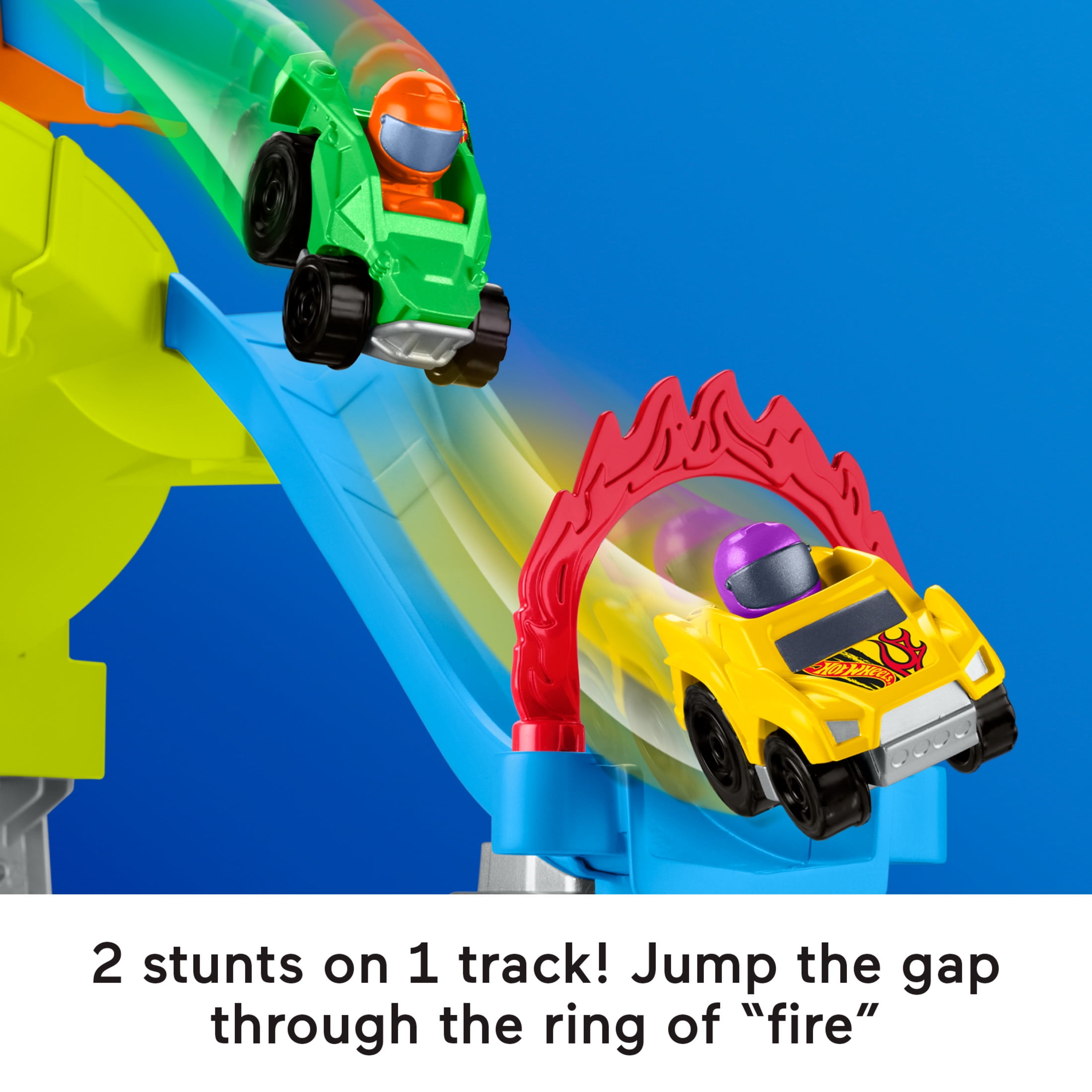 Little People Hot Wheels Spiral Stunt Speedway Toddler Race Track Playset, 2 Toy Cars