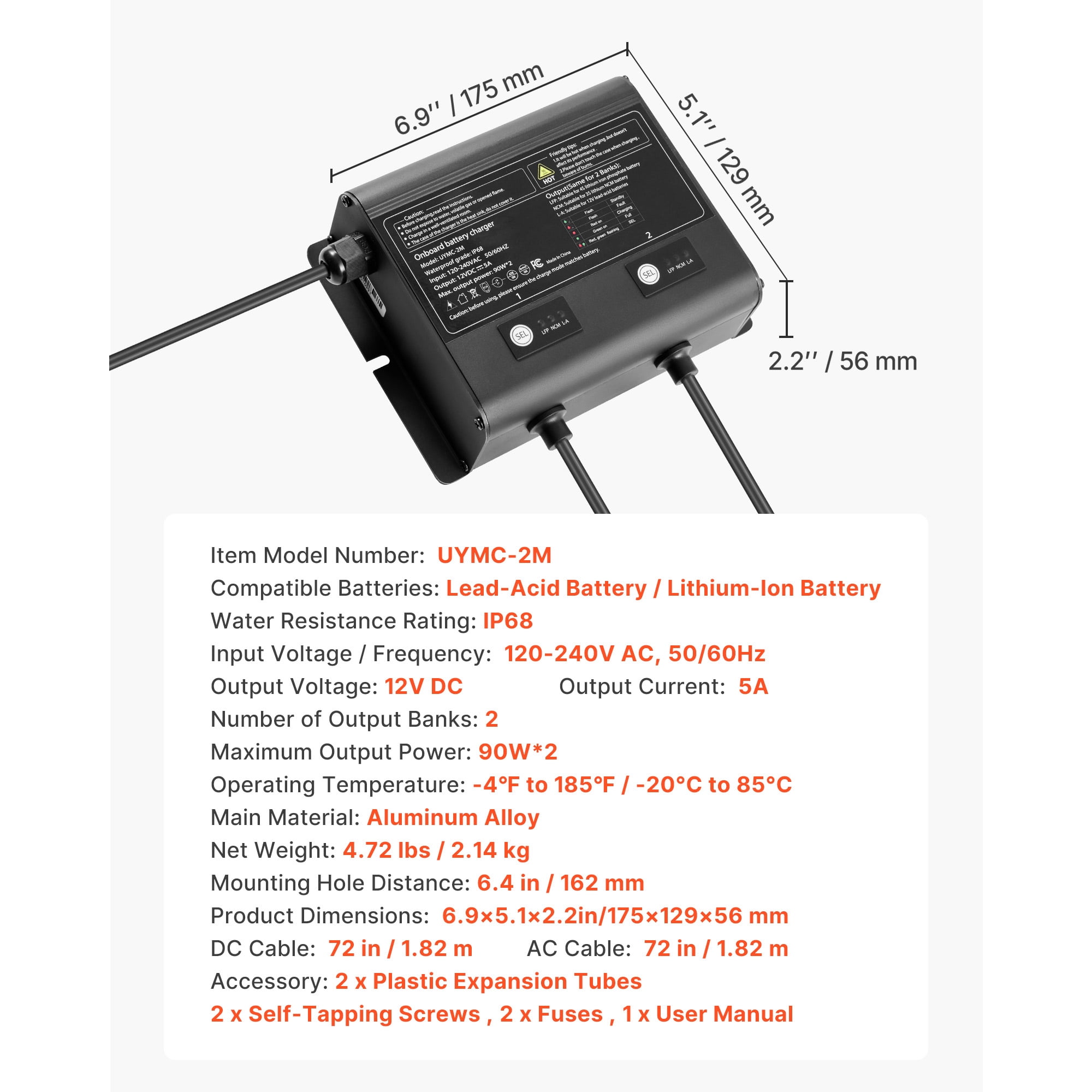 KFFKFF Marine Battery Charger, 2-Bank, 5A 12V Onboard Charger, IP68 Waterproof Smart Charger for Lithium-Ion (LiFePO4), NCM, Lead-Acid Batteries, Compatible with Boats, Yachts, RVs, and Trailers