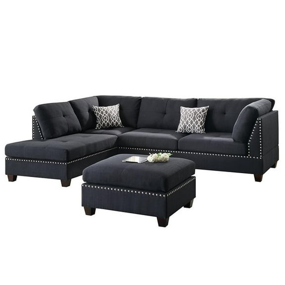 Bowery Hill 3 Piece Fabric Sectional Sofa Set with Ottoman in Black