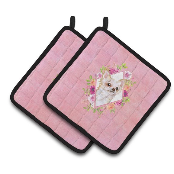 Carolines Treasures CK4127PTHD Long Hair Chihuahua Pink Flowers Pair of Pot Holders 7.5HX7.5W multicolor