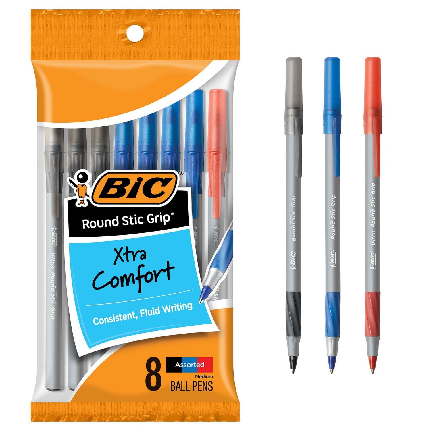 BIC Round Stic Grip Extra Comfort Assorted Colours Ballpoint Pens, Medium Point (1.2mm), 8-Count Pack, Perfect Writing Pens With Soft Grip for Superb Comfort and Control, Pack of 8