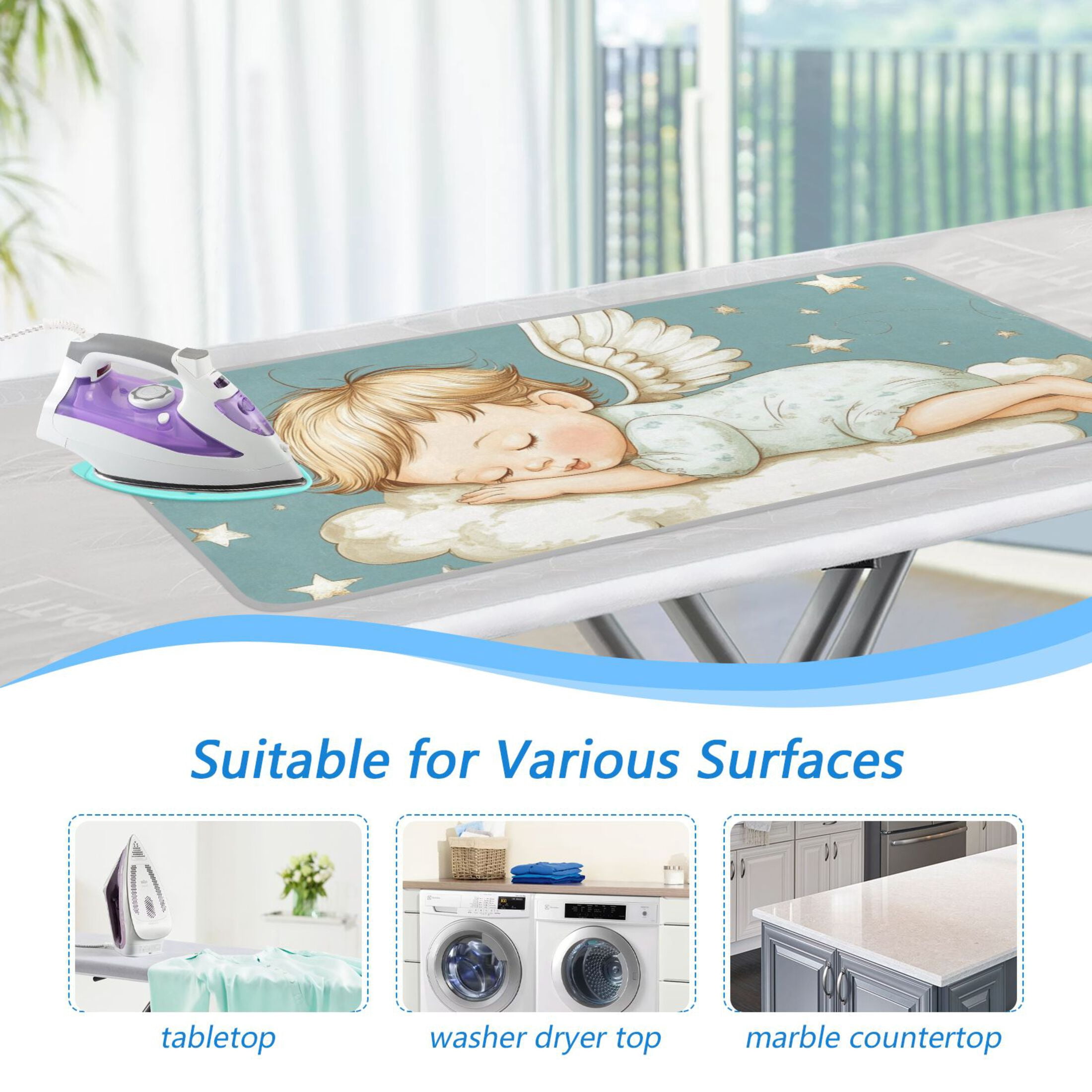 Cute Sleeping Angels Clouds Stars Ironing Mat Blanket Portable Travel Ironing Pad Heat Resistant Pad 47.2" x 27.6”
