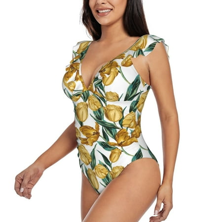 KLL Yellow Tulips for Women s Ruffled One Piece Swimsuit Tummy Control Bathing Suit V Neck Swimwear
