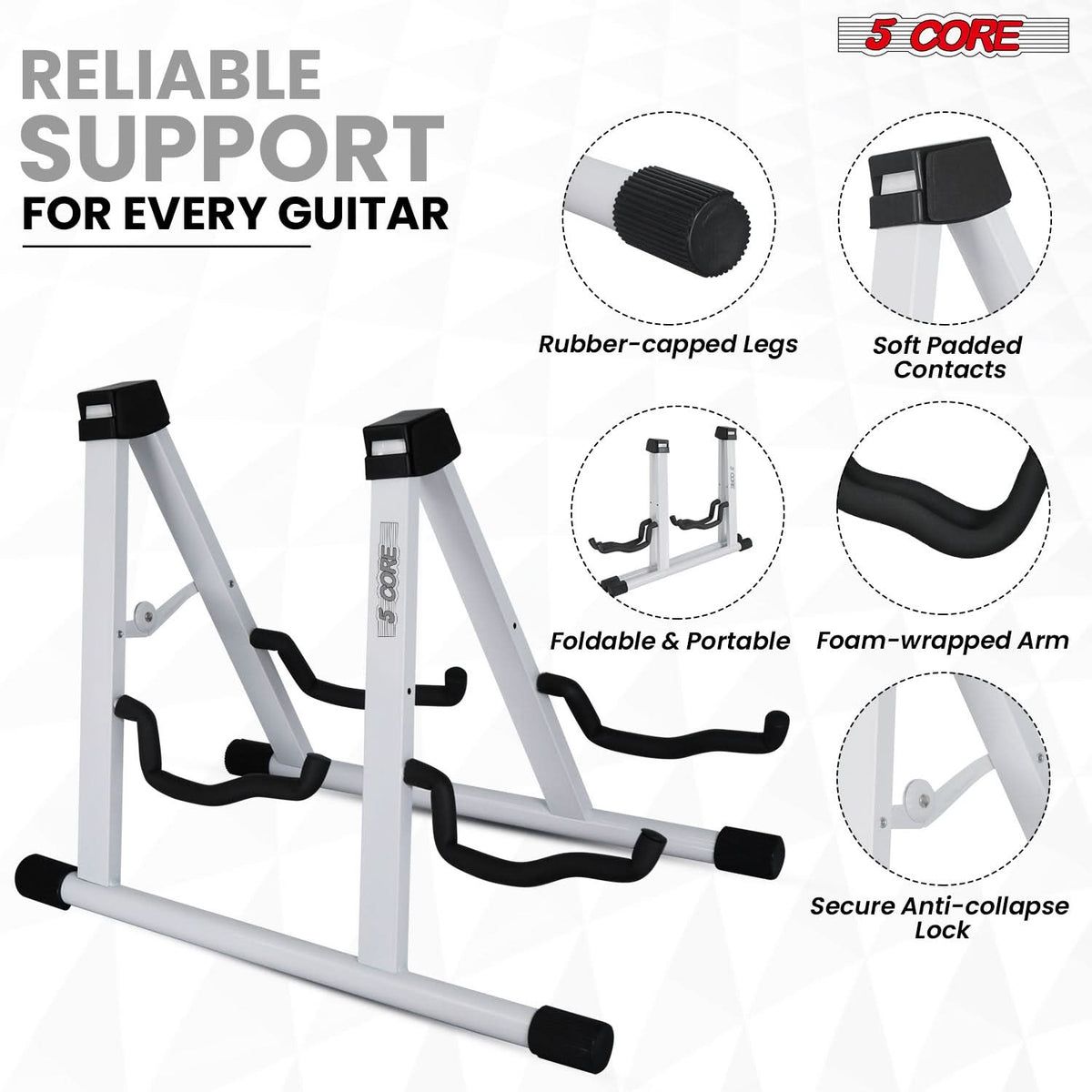 5 CORE Guitar Stand 2 In 1 Electric Acoustic Bass Banjo Stand Strong Metal Double A-Frame Folding Guitar Holder with Padded Foam Sleeves White - GSS 2N1 WH