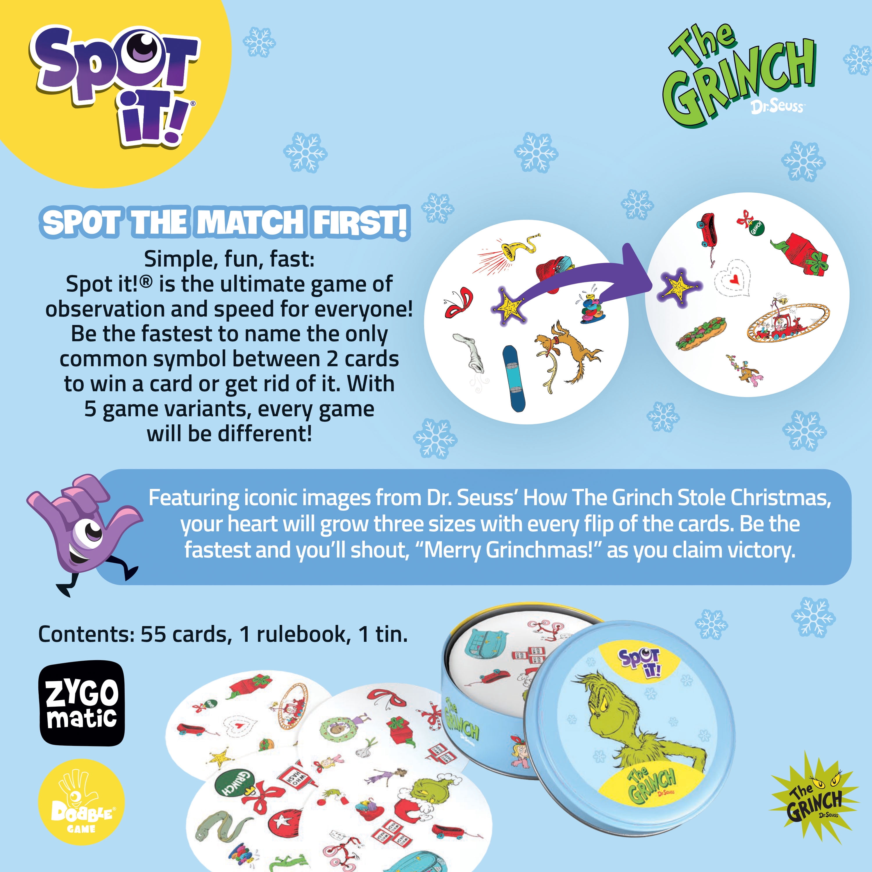 Spot It! The Grinch Card Game, Collectible Tin, Quick Reflexes & Family Fun, By The Op Games