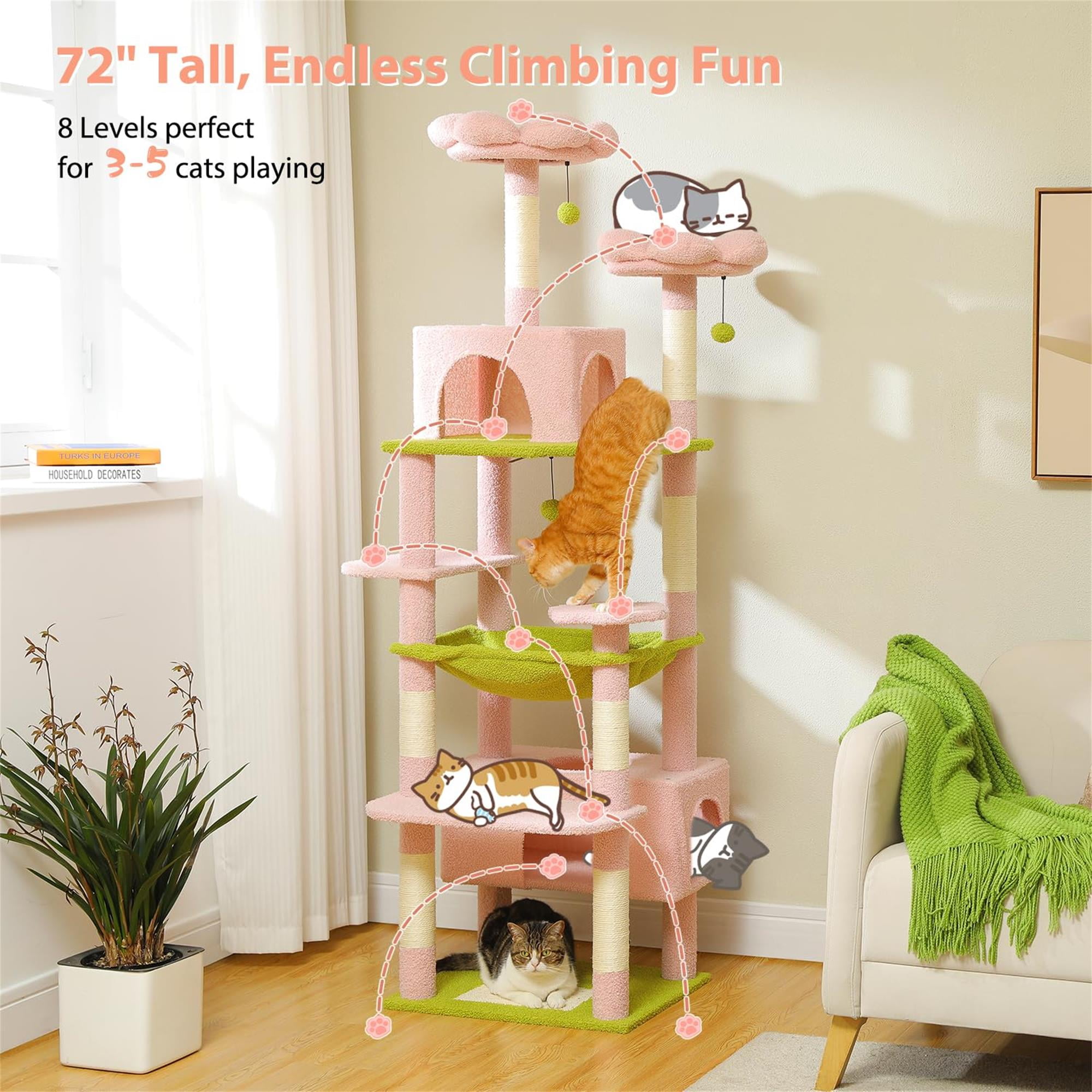 Pefilos 72" Cat Tree Tower for Large Cats, Indoor Cat Condo with Sisal-Covered Scratching Posts and Pads, 2 Padded Perch, Pink Pefilos 72" Cat Tree Tower for Large Cats, Indoor Cat Condo with Sisal-Covered Scratching Posts and Pads, 2 Padded Perch, Pink