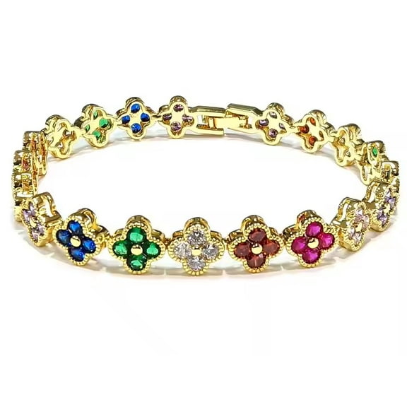 Elegant Round-Cut Lab-Created Multi-Sapphire Clover Motif Bracelet | Milgrain Bezel Set | 925 Sterling Silver | Timeless Gift Jewelry for Women