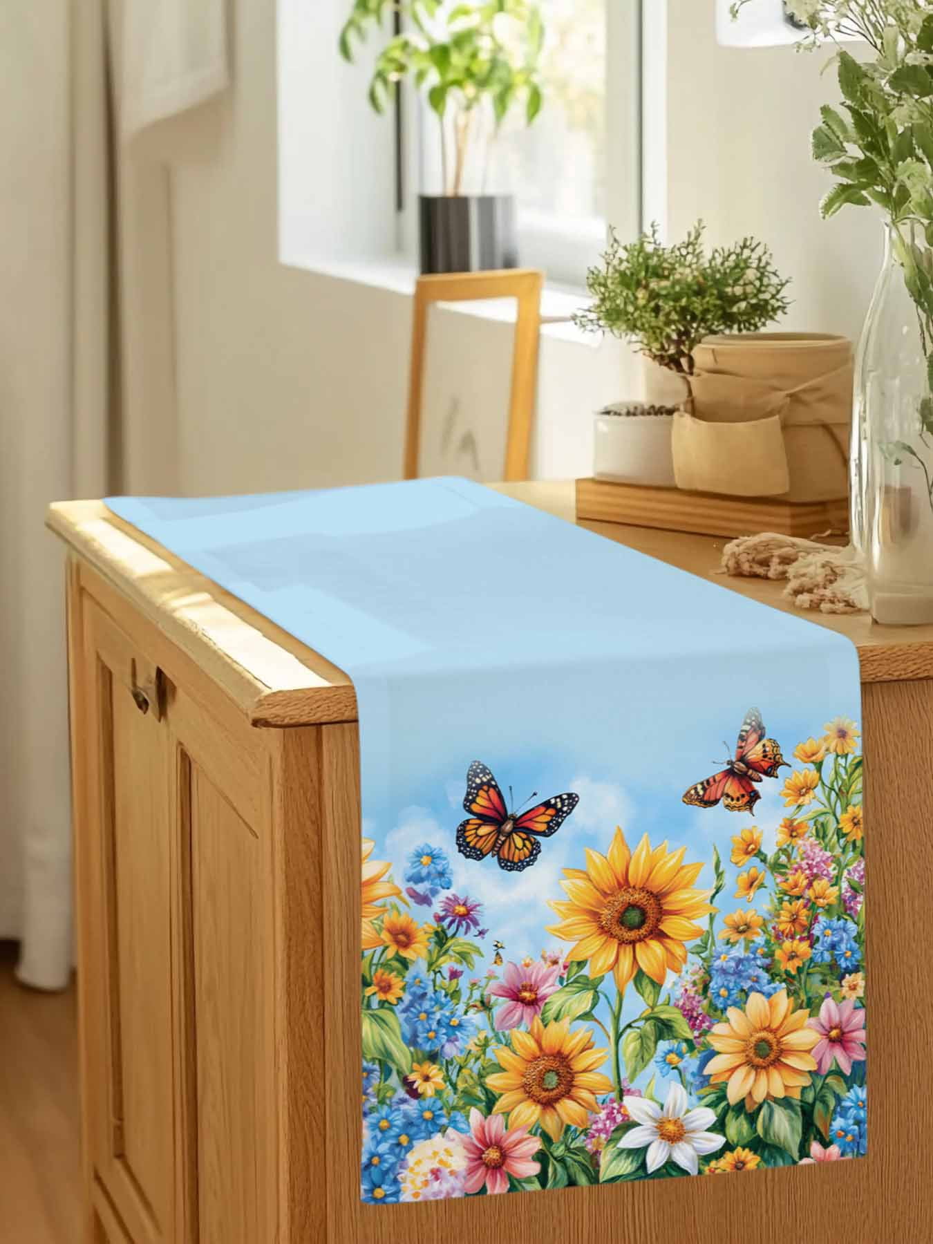 Farm Sunflower Butterfly Table Runner 90 Inches Long, Watercolor Wildflower Blue Sky Table Runners Tabletop Scarf Kitchen Dining Tables Decoration for Home Party Indoor Outdoor