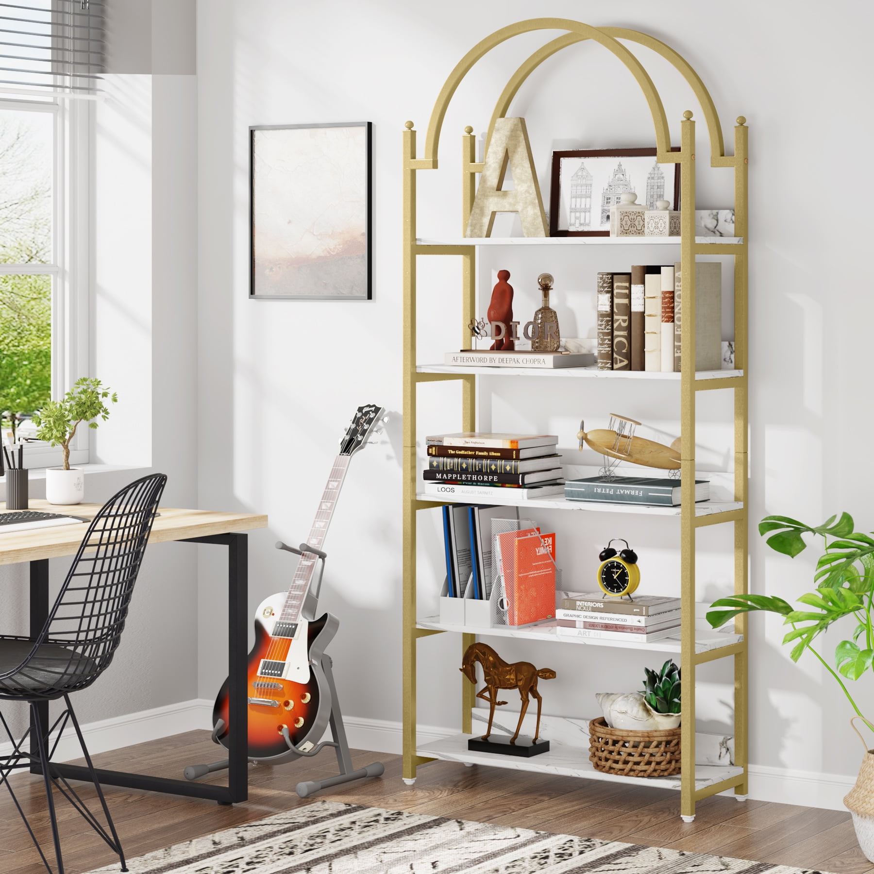 Tribesigns 5-Shelf Gold Etagere Bookcase, Modern Metal Open Arched  Bookshelf, 72 Inches Tall Gold Shelves for Living Room, Bedroom(1,  White+Gold)