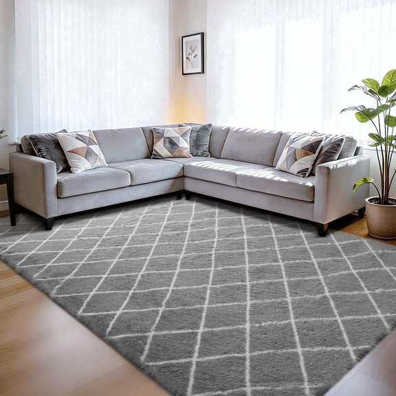 CozyDesg Soft Fluffy Shag Area Rug 4x6 ft, Plush Carpet for Living Room Bedroom, Light Gray & White Decorative Rug