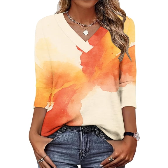 Jsaierl Women's 3/4 Length Sleeve Tops Summer V Neck Shirts Boho Graphic Petite Blouses Soft Vacation T-shirts Top S-3XL