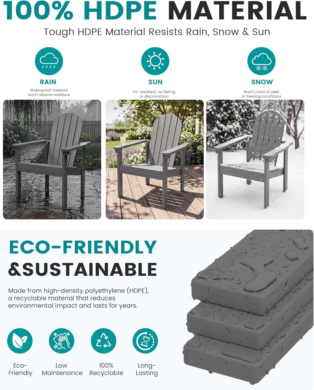 HJTER Stackable Modern Adirondack Chair, HDPE Outdoor Patio Chair with Space-Saving Design, All-Weather Fire Pit Chair with Widened Seat for Deck, Backyard, Garden, Lawn (Grey)