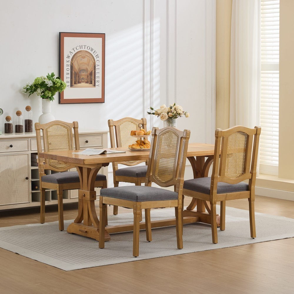 Rattan Dining Chairs Set of 2, Solid Wood Kitchen Chairs with High Rattan Backrest, Matte Linen Cushion, Foam & S-Springs, Gray