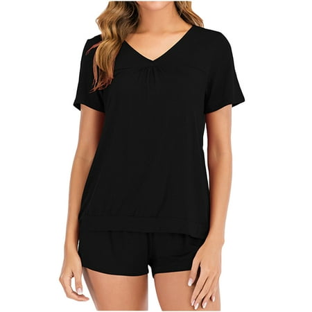 

Womens Summer Pajamas Set Soft Comfy V Neck Short Sleeve Tops and Drawstring Shorts 2 Pieces Outfits Sleepwear