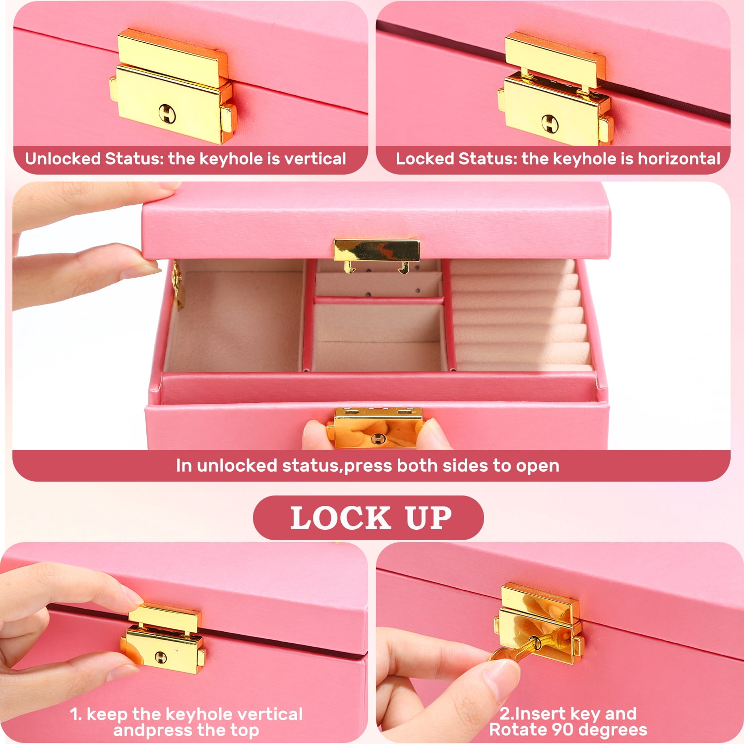 JoyStone 3 Layer Leather Jewelry Box Built-in Mirror, Portable Travel Jewelry Storage Case with Lock, Gift Jewelry Case for Women Girls,Pink