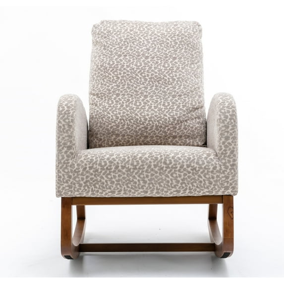 Polyester Fabric Rocking Chair with Side Pocket Mid-Century Modern Nursery Rocking Armchair Upholstered Tall Back Accent Glider Rocker for Living Room(Leopard Gray)