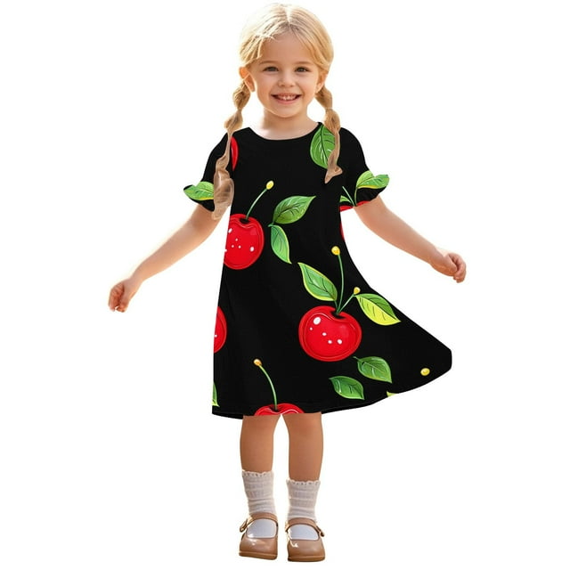 Zpanxa Robes d'Été pour Filles Décontractées à Manches Courtes Col Rond Imprimé Robe en Polyester Spandex Rouge 3 Ans
