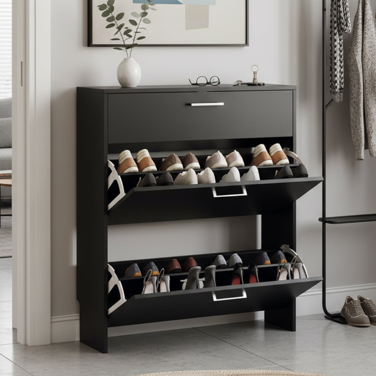 Alden Design 4 Tier Wooden Shoe Storage with Louvered Door, Black