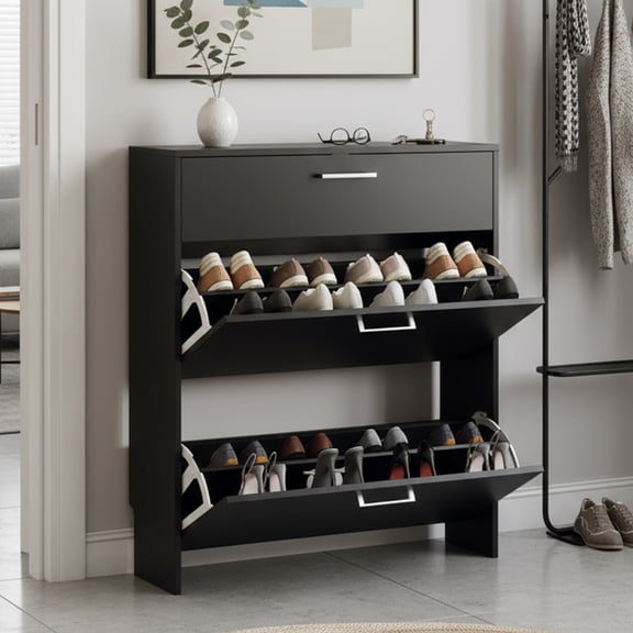 Ktaxon 31.5'' W, Modern Shoe Storage Cabinet with 2 Flip Drawers for Entryway 24 Pairs,Black