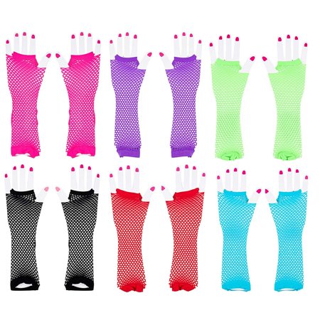 Fingerless Fishnet Neon Gloves - 6-Pair 80s Party Costume Accessories, 6 Colors