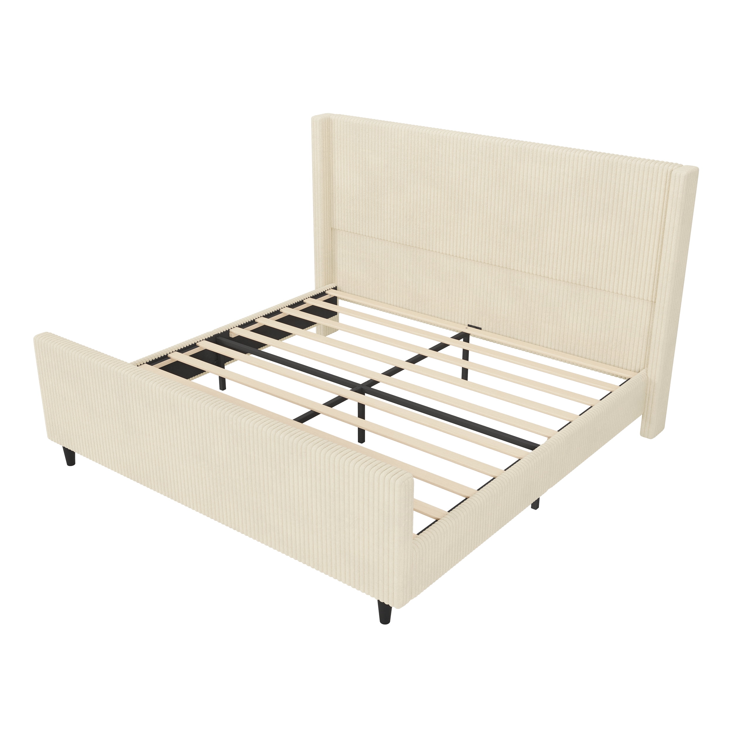 Euroco Corduroy Upholstered King Size Platform Bed with Vertical Stripe Wingback Headboard, Cream