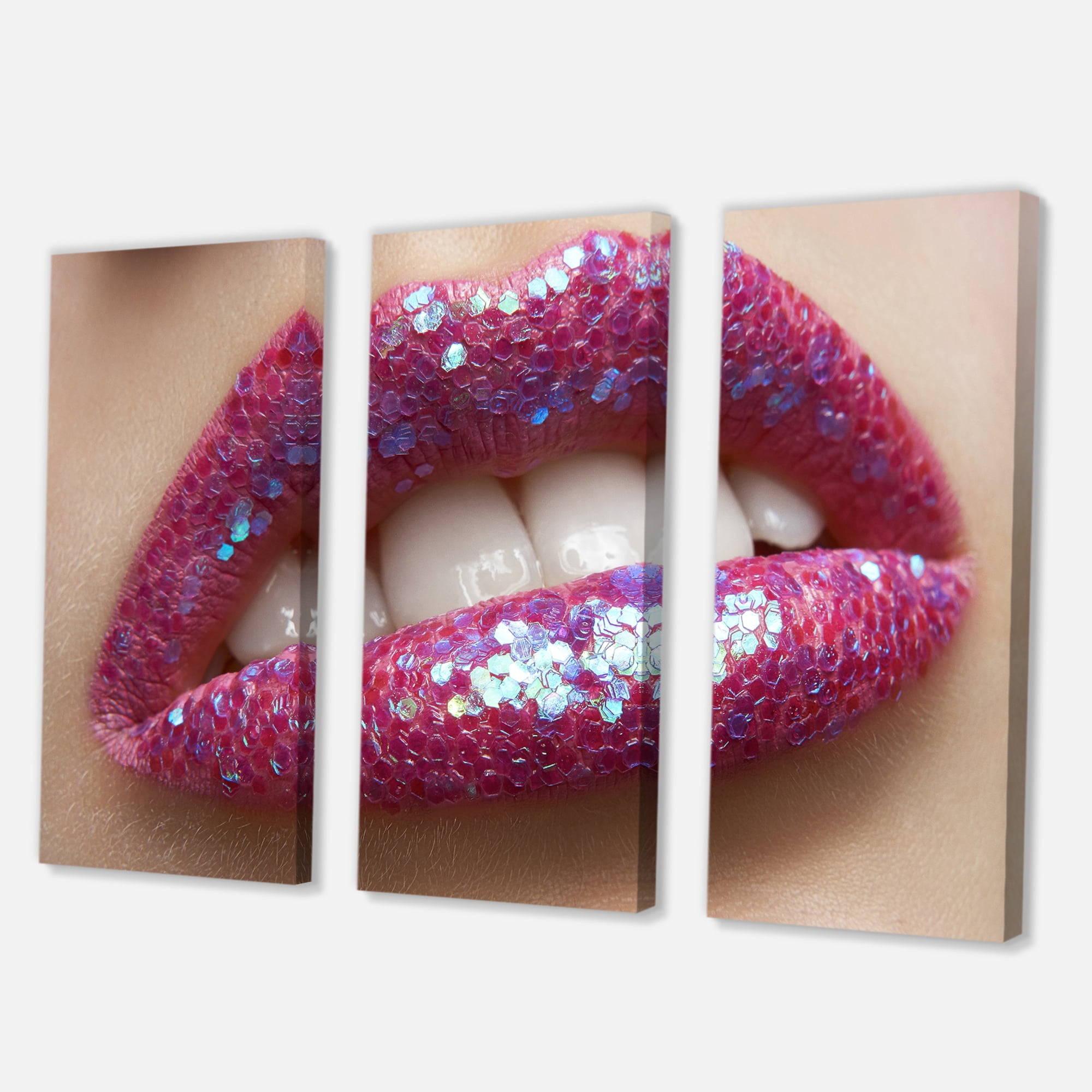Designart ' Girl Lips Pink Lipstick and Sequins ' Modern Canvas Wall Art Print