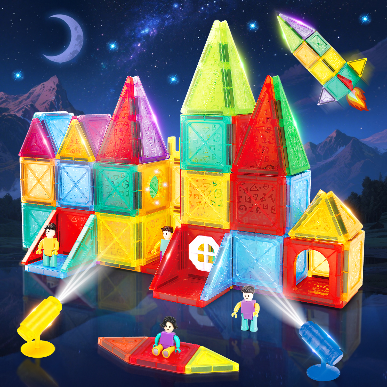 Beefunni 90PCS Magnetic Building Tiles Set, STEM Construction Toy with Mini Figures & Light Blocks, Educational Magnetic Blocks, Creative Building Playset, Gift Idea