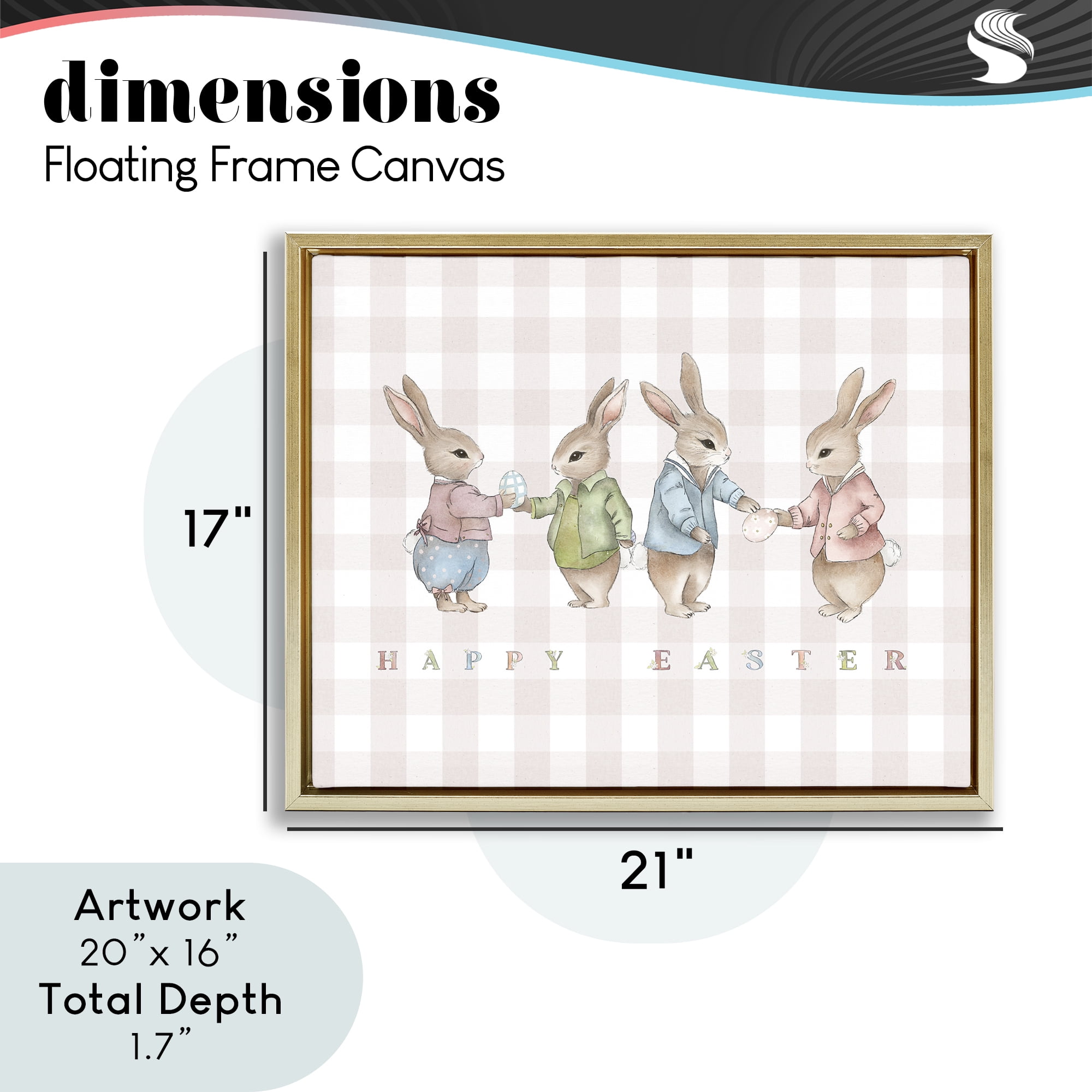 Stupell Industries Easter Bunnies Pink Gingham Gold Framed Floater Canvas Wall Art, design by Leah Straatsma