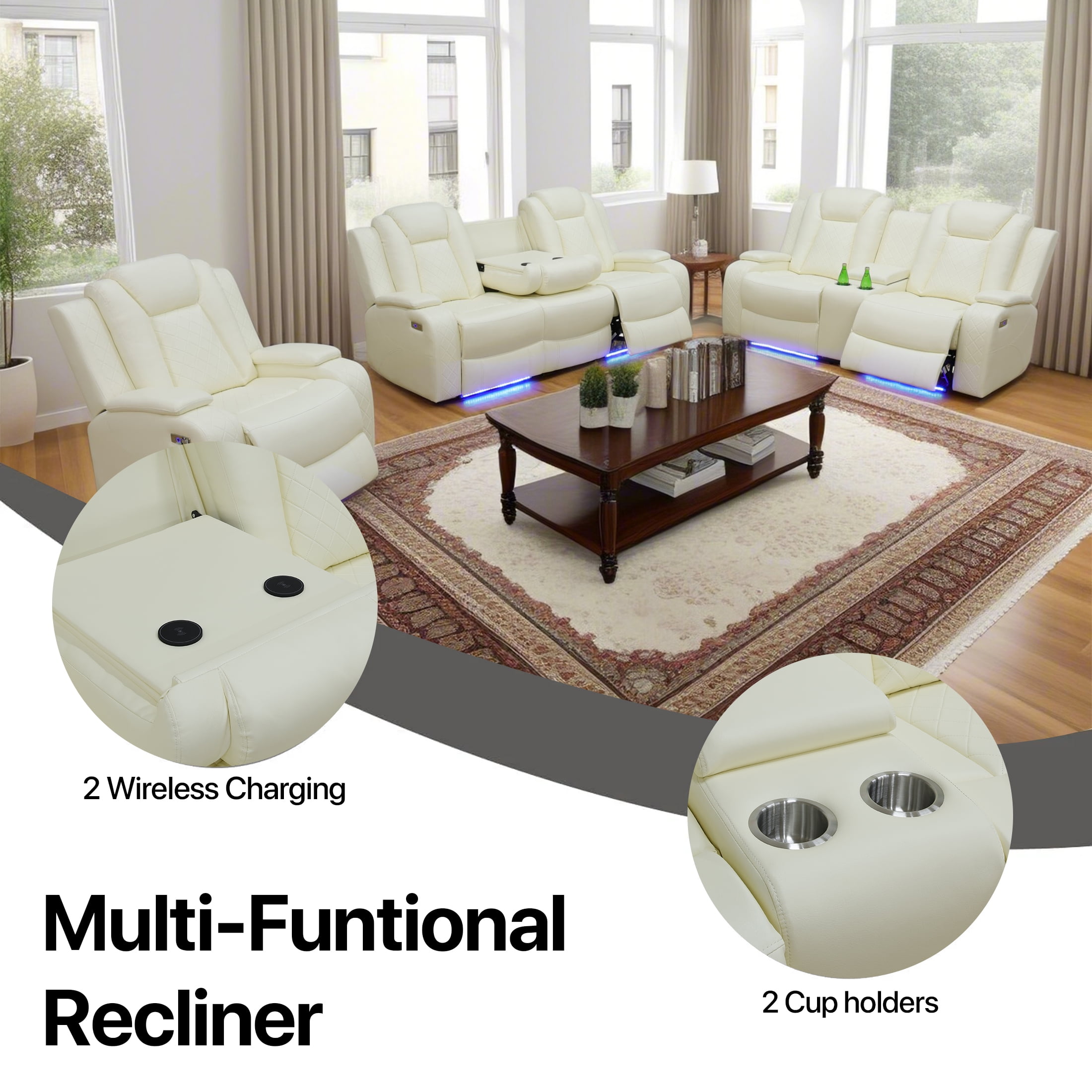 Aukfa Double Power Reclining Sofa, Leather Loveseat with Cupholder, USB and Storage for Living Room,Beige
