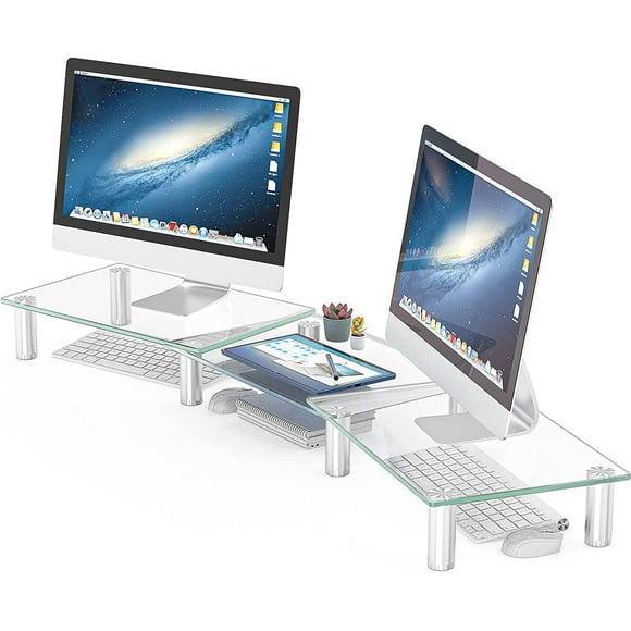 UTAH-Dual Monitor Stand -Adjustable Length and Angle Dual Monitor Riser, Computer Monitor Stand, Desktop Organizer, Monitor Stand Riser for PC, Computer, Laptop (Clear)