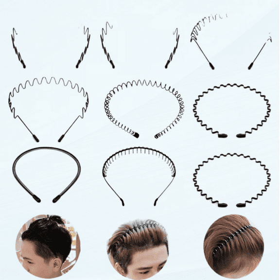 9pcs Metal Headband Spring Wavy Hair Band Unisex Hairband for Men Women Sport Hair Hoop Non-slip Headwear Hair Accessories (Black)