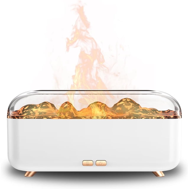 Essential Oil Diffuser, 300ml Flame Fireplace Aromatherapy Diffuser with a modern white base and transparent top featuring a realistic flame effect. Functions as a cool mist humidifier, aromatherapy diffuser, and 7-color night light with auto shut-off for quiet operation. Suitable for home, office, or bedroom use.