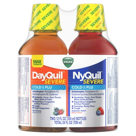 Vicks NyQuil and DayQuil SEVERE Cough, Cold & Flu Relief Liquid, 2x12 Fl Oz Combo, Relieves Sore Throat, Fever, and Congestion, Day or