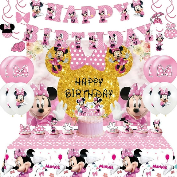 Cartoon Minnie Birthday Party Supplies, Cartoon Minnie Party Decoration Set - Cartoon Minnie Birthday Decoration Banner Background and Tablecloth Balloon Cake Decoration and Other Party Supplies