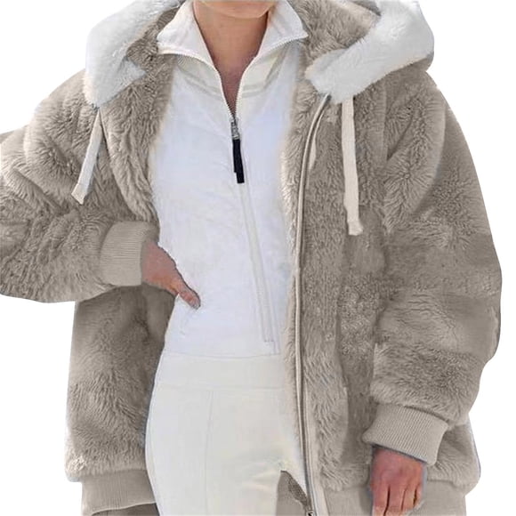 DondPO Fake Fur Coat Women's Autumn and Winter New Casual Fashion Loose Plush Zipper Hooded Coat Fur Jackets for Women Fuzzy Jacket Gray XL Clearance！