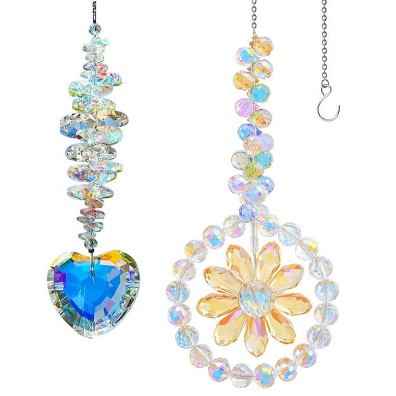 2Pcs Crystal Suncatchers Rainbow Maker Flower Heart Hanging Decoration for Windows Outdoor Home Garden