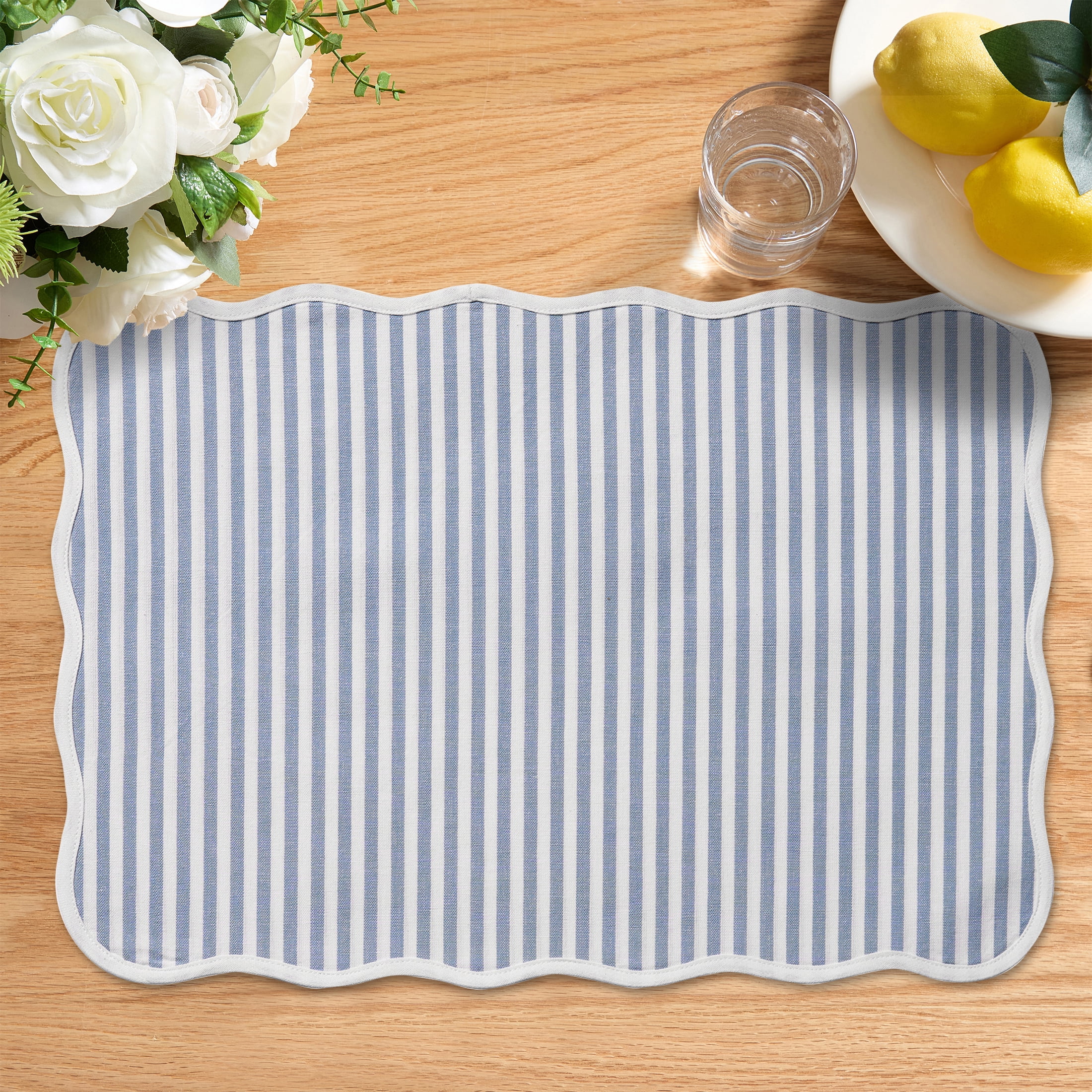 Striped Cotton Scallop Table Placemat, Blue and White, 20" x 14", by My Texas House