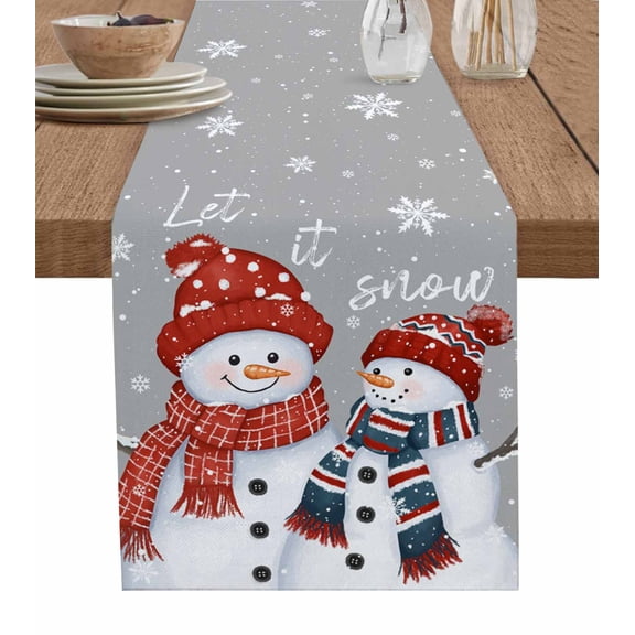 Ldtrchee Grey Snowman Christmas Table Runner 36 Inches, Snowflake Xmas Bed Runner Dresser Scarves Tabletop for Indoor Outdoor Parties/Ceremony/Banquet, 13"x 36"