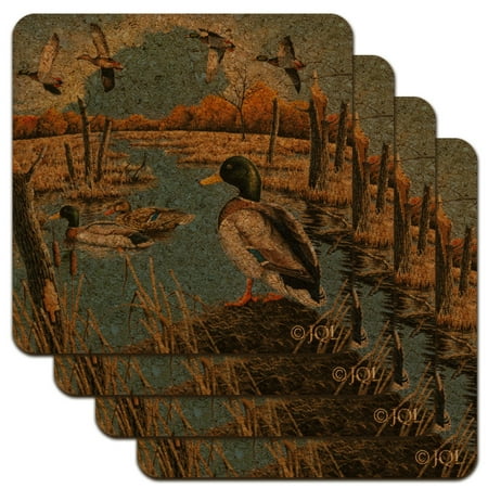 

Ducks in the Lake and in Flight Low Profile Novelty Cork Coaster Set