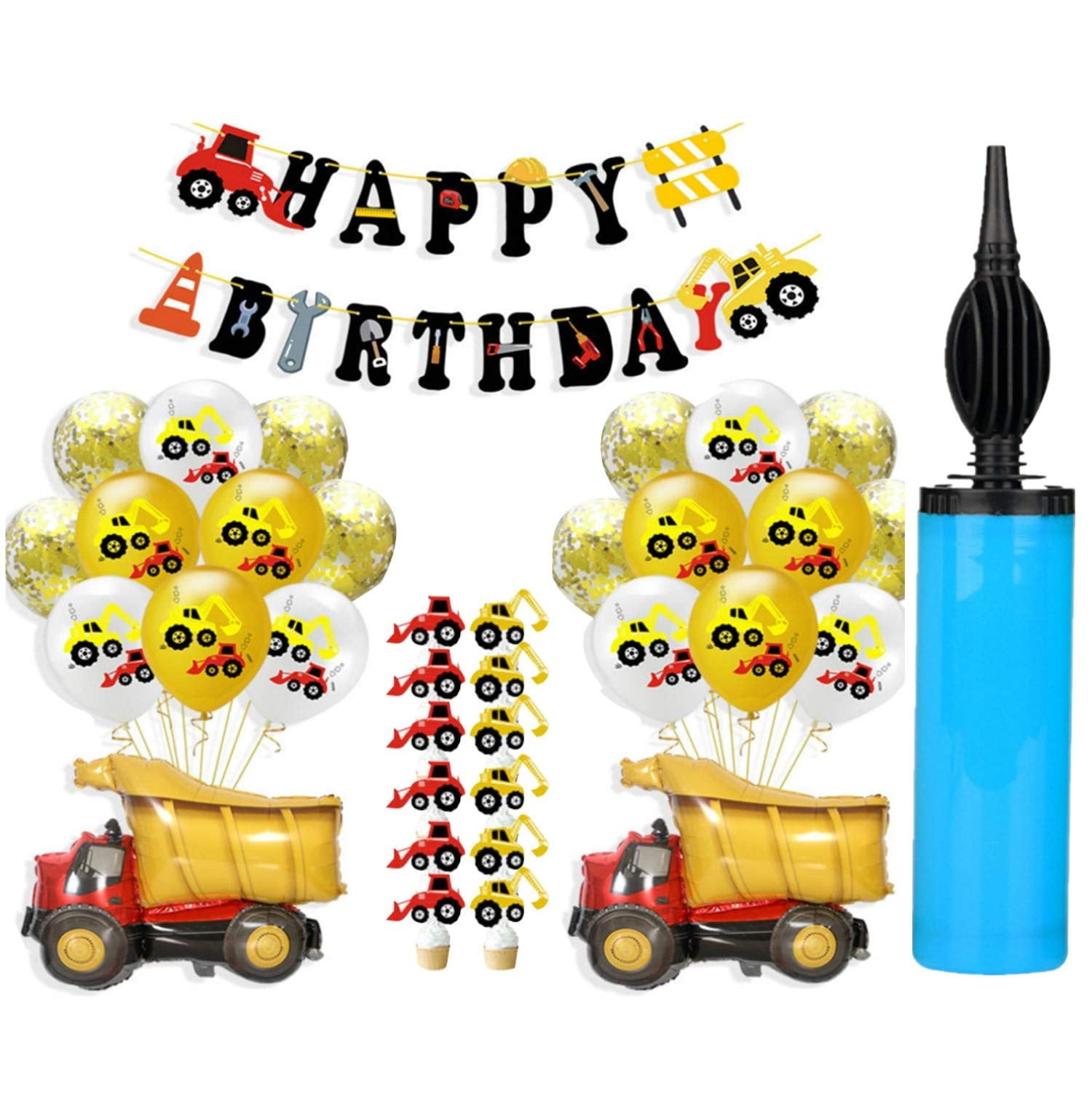 Ezzo Birthday Party Decoration Construction Themed Banner Dump Truck, Excavator Balloon Set W Pump