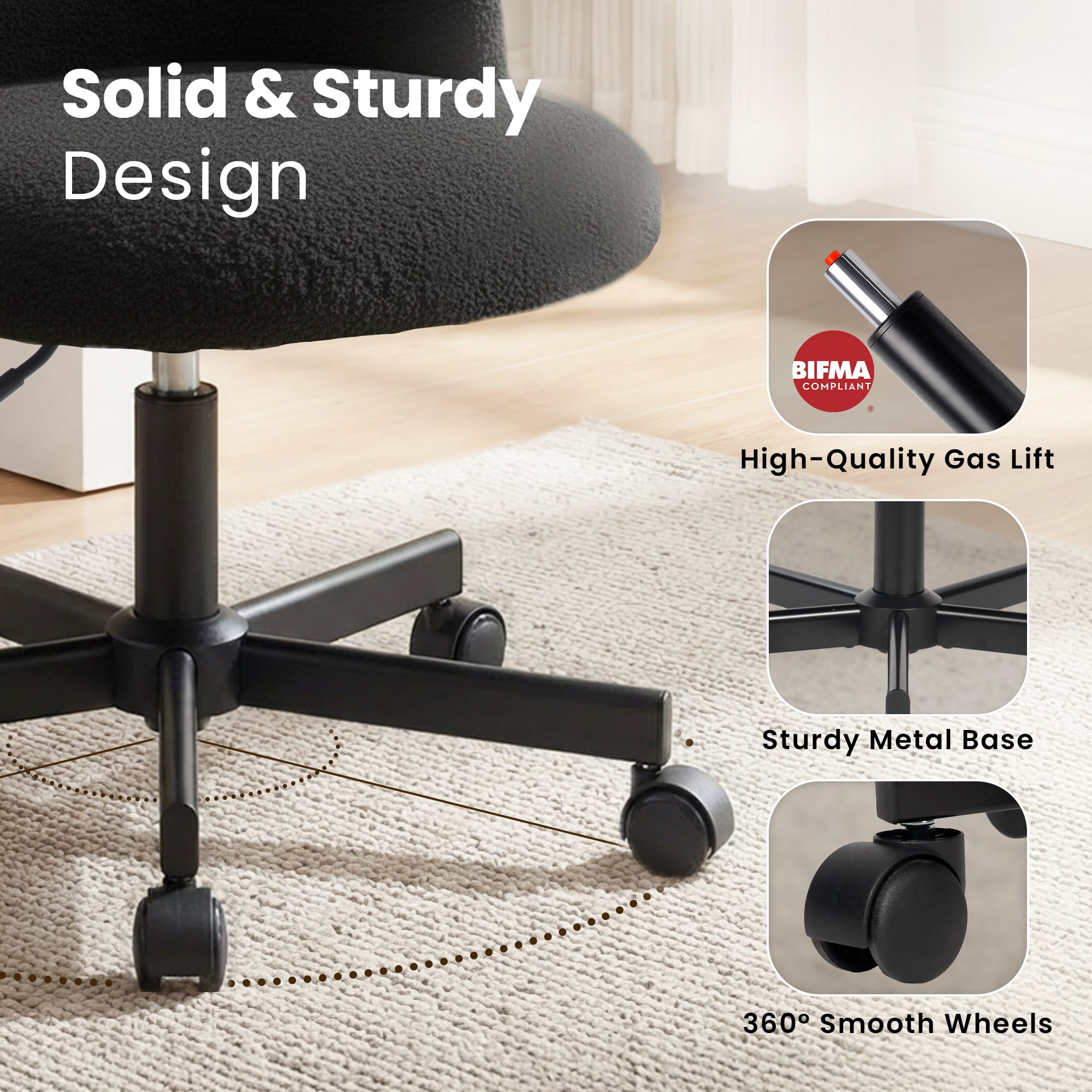 CELTOSS Home Office Desk Chair, Cute Teddy Fabric Swivel Vanity Stool, Mid Back Adjustable Armless Task Chair with Wheels, Black