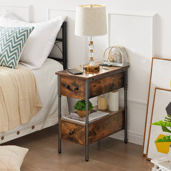 VECELO Nightstand with Charging Station, Flip Top End Table with 2 Drawer & USB Ports for Living Room, Bedroom, Rustic Brown