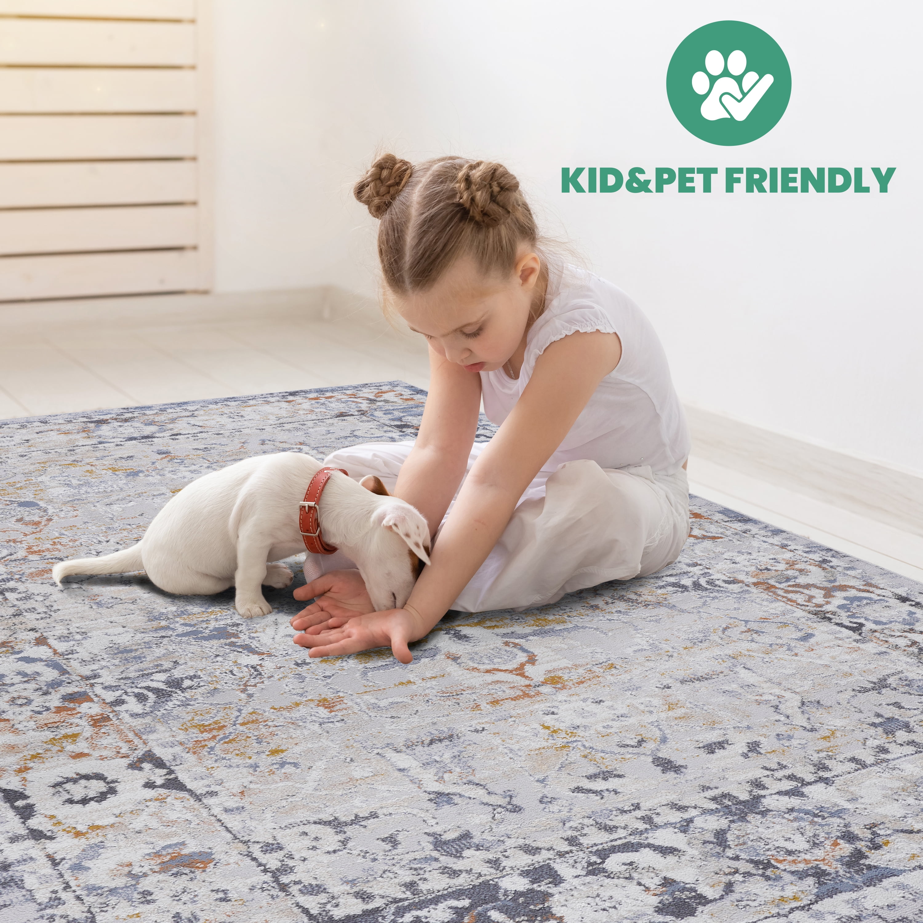 2' x 3' Ivory Grey Traditional Area Rug Non-Shedding Stain Resistant Medium Pile Carpet for Living Room Bedroom Dining Room Home Office Entryway