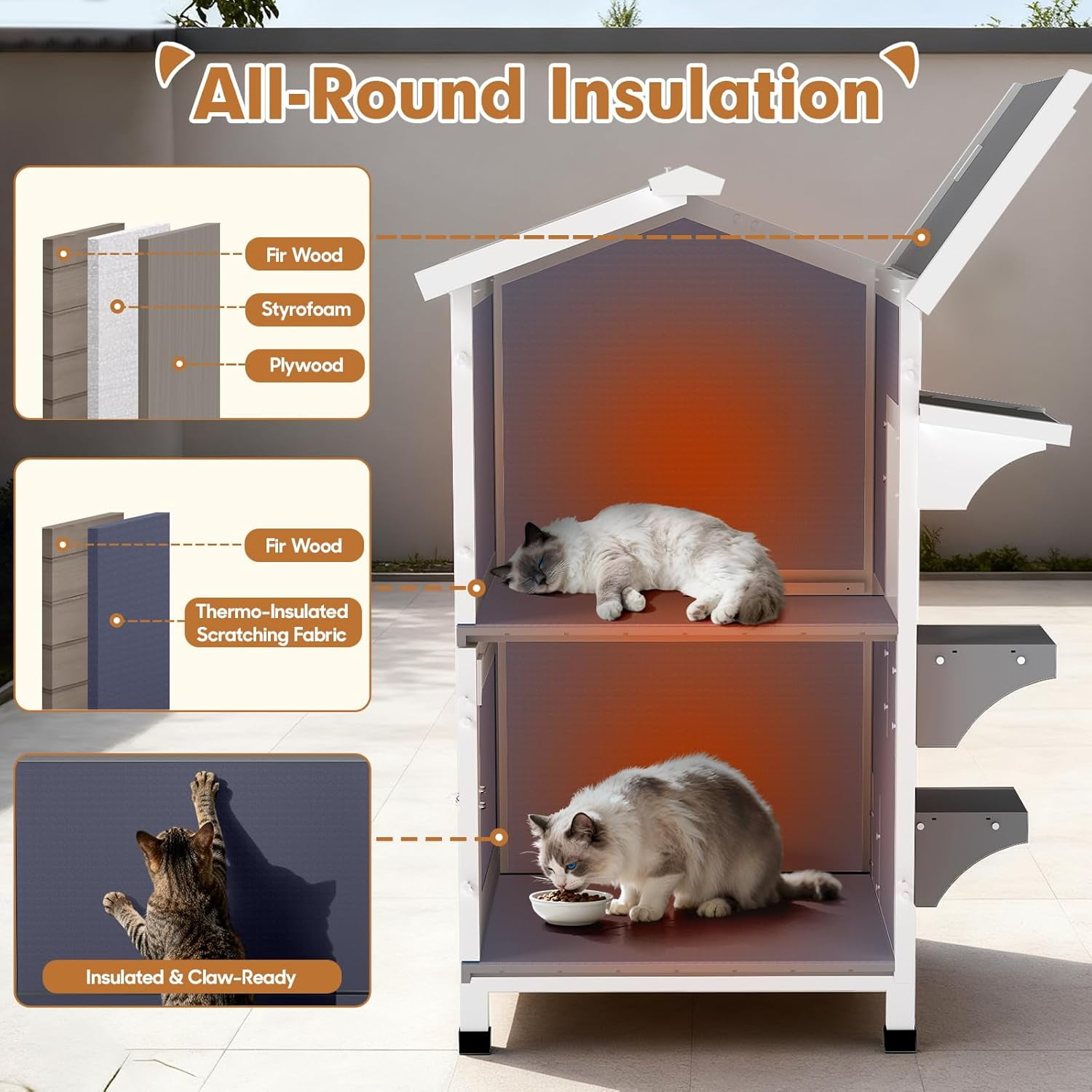 Gowoodhut Insulated Outdoor Cat House with  2 Story Weatherproof Elevated Outside Cat Shelter