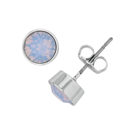 - X & O Rhodium Plated 5 mm Bezel Set Flat Back Stud Earrings with Air Blue Opal Swarovski Crystals
