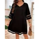 thumbnail image 1 of Vestido negro de talla grande para mujer, vestido Retro informal de longitud media con cuello en V, holgado, informal, de manga larga, 1 of 3