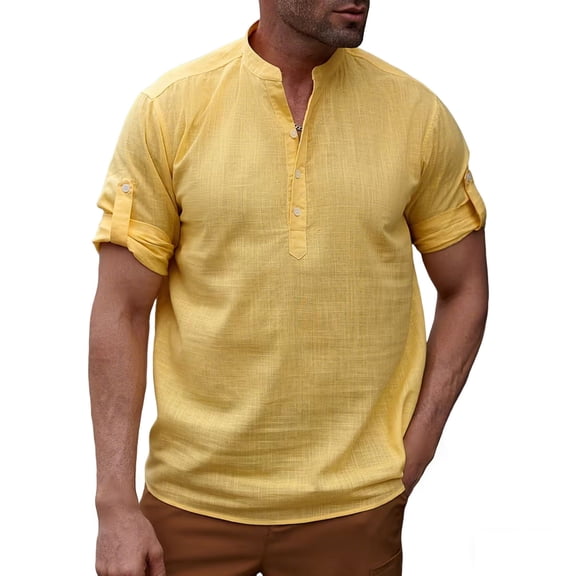 Men Cotton Linen Henley Shirt Casual Roll Up Short Sleeve Summer T Shirt Button Band Collar Tee Top Beach Hippie Shirts
