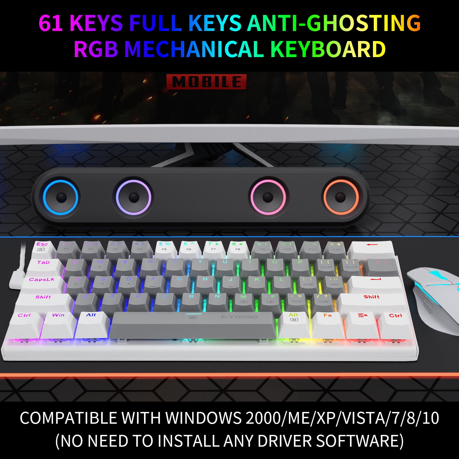 60% Wired Mechanical Gaming Keyboard, E-YOOSO RGB Backlit Ultra-Compact 61 Keys Hot Swappable Mini Waterproof Wired Office Keyboard with Red Switches for Windows, Mac OS Gamers (Grey White)
