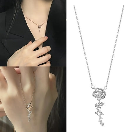 Mother’s Day Sale- 925 Sterling Silver Rose Necklace Female French Vintage Flash Drill Small Clavicle Chain Light Simple Flower Collar